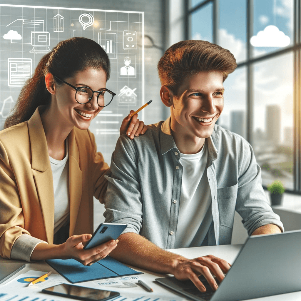 Two people use a computer