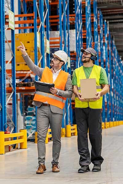 Two workers use a tablet in a warehouse