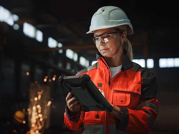 A worker uses a rugged tablet