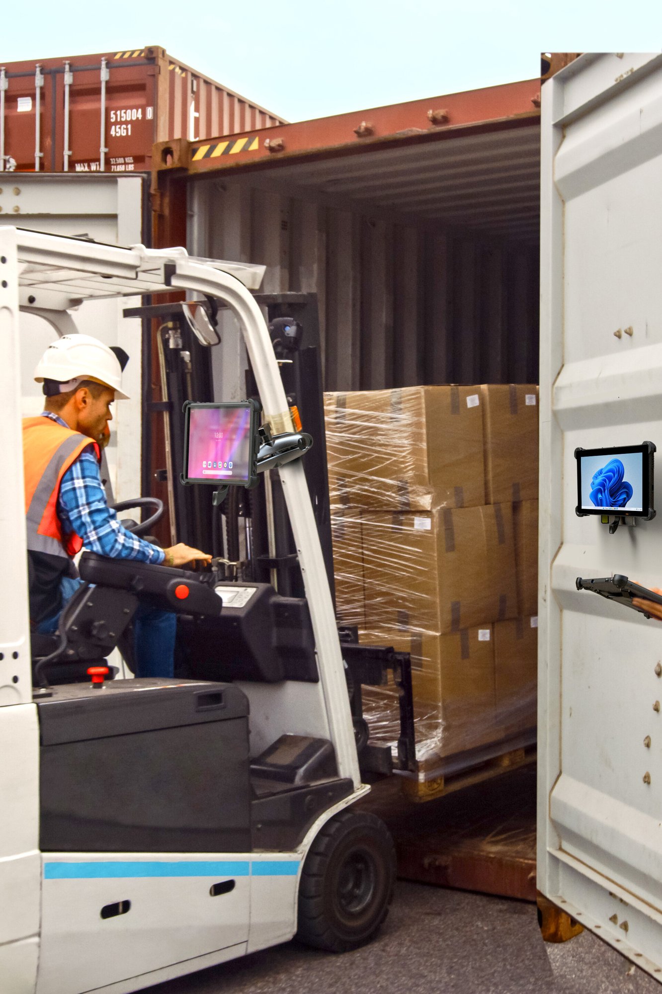 worker on forklift loading shipping container