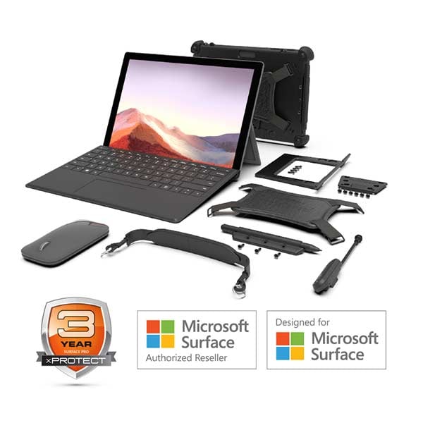 A microsoft surface wiht case add ons layed out in a display