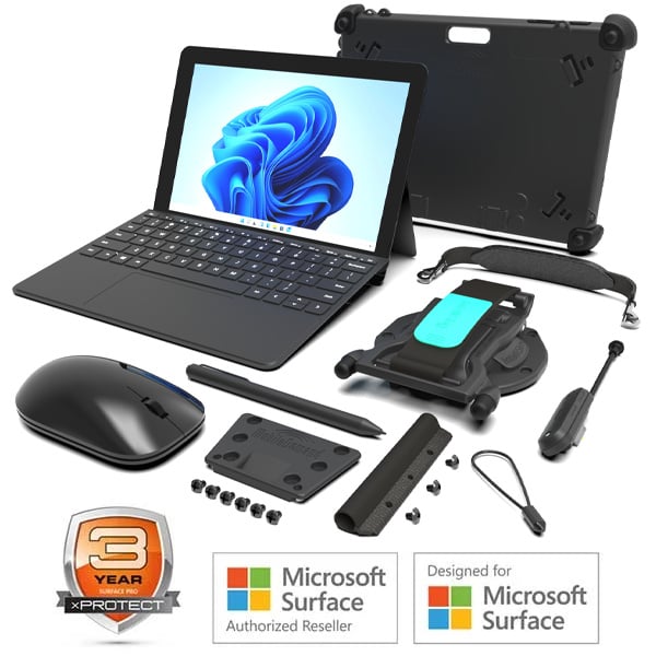 A microsoft surface wiht case add ons layed out in a display