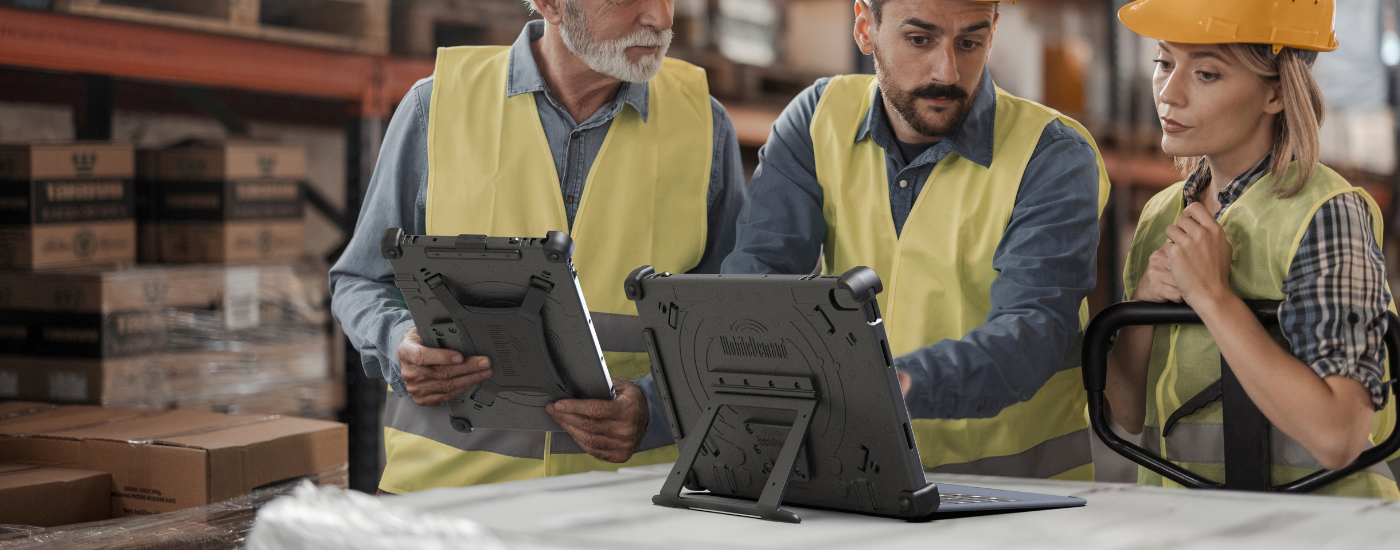 three warehouse workers wearing vests looking at flex 12b tablet