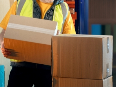 shipping worker stacking cardboard boxes