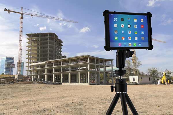 An ipad mounted at a construction site