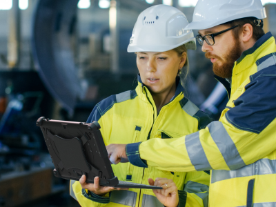 two warehouse workers holding rugged flex10b from mobiledemand