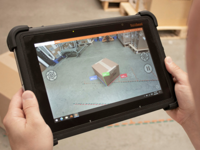 rugged tablet running xdim mobile software to dimension cardboard box